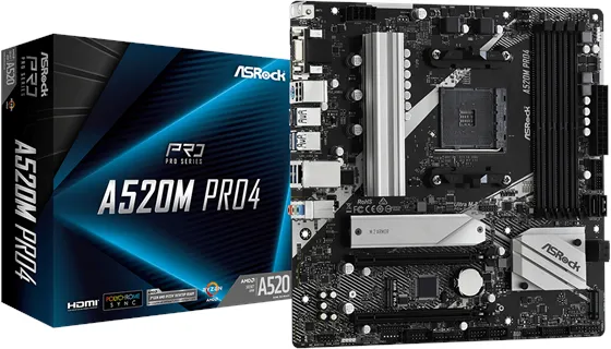 ASRock A520M Pro4 Mainboard - AMD A520 - AMD AM4 Sockel - DDR4 RAM - Micro-ATX
